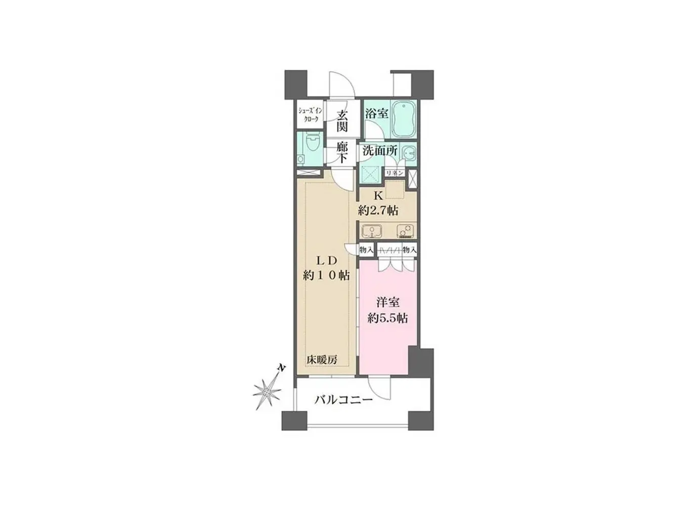 - 1LDKの間取り図、約10帖のリビングダイニング、約5.5帖の洋室、バルコニーと床暖房を備えた設計