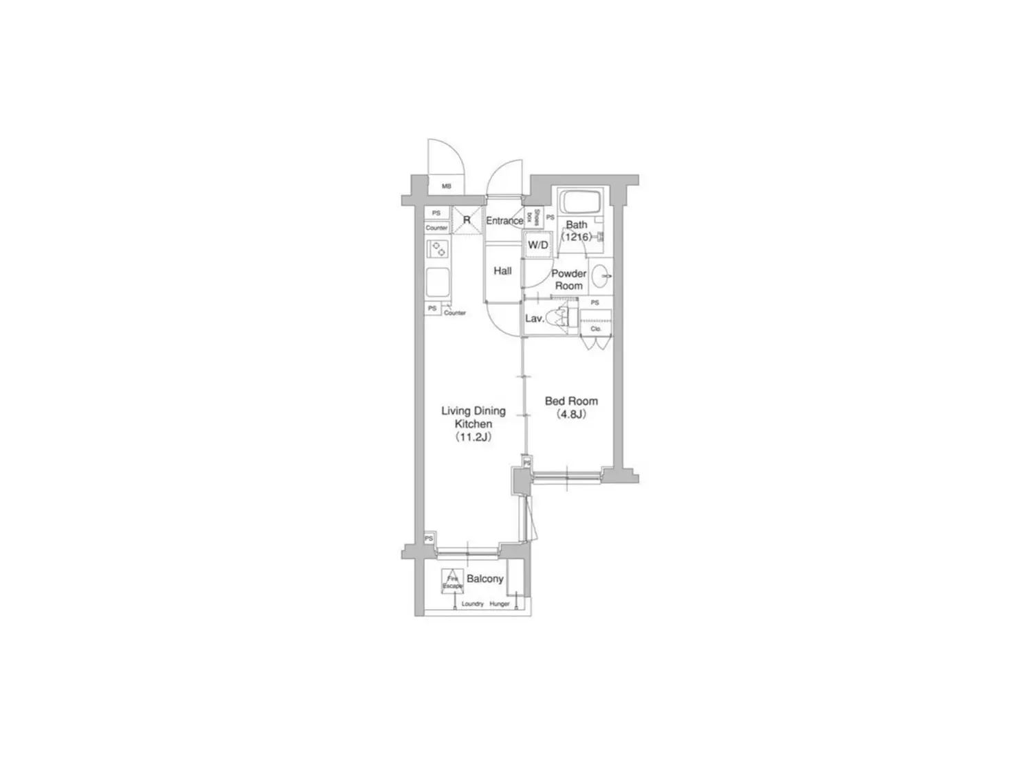 - リビングダイニングキッチン、寝室、バスルーム、洗面所を含む間取り図、バルコニー付きのレイアウト