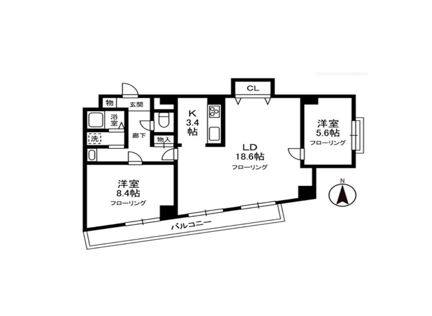 - 3LDKの間取り図、リビングダイニング18.6帖、キッチン3.4帖、洋室8.4帖と5.6帖、バルコニー付きの住居配置