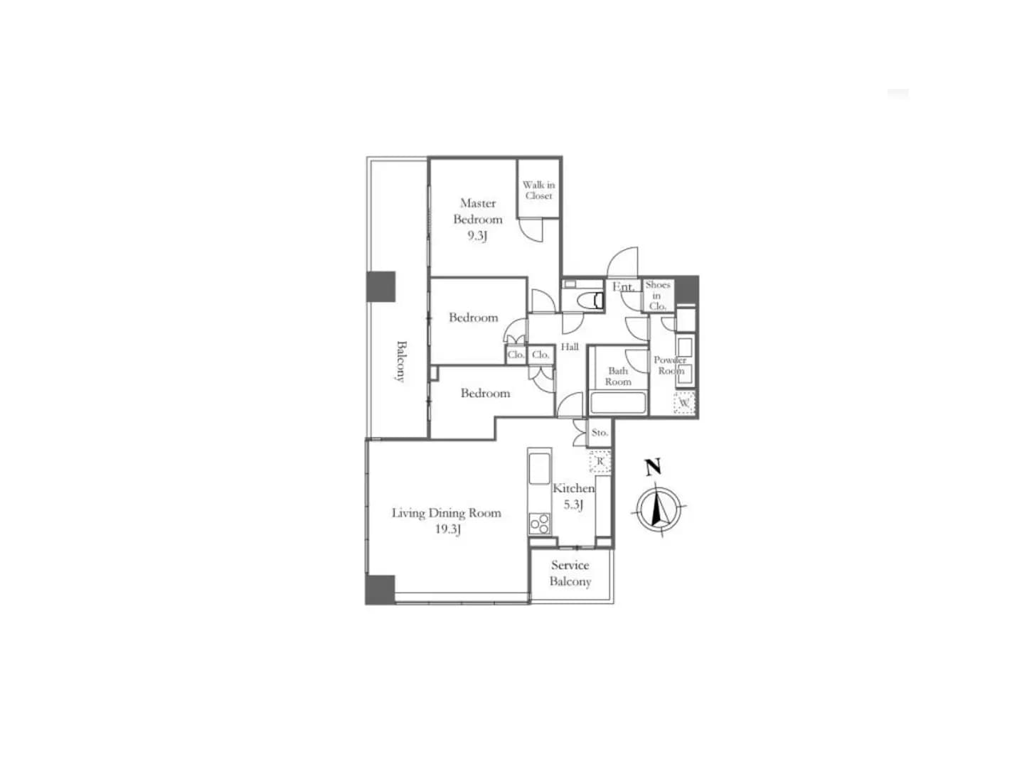 - 3LDKの間取り図、マスターベッドルーム、2つの一般的な寝室、リビングダイニング、キッチン、バスルーム、バルコニーが配置された家のレイアウト