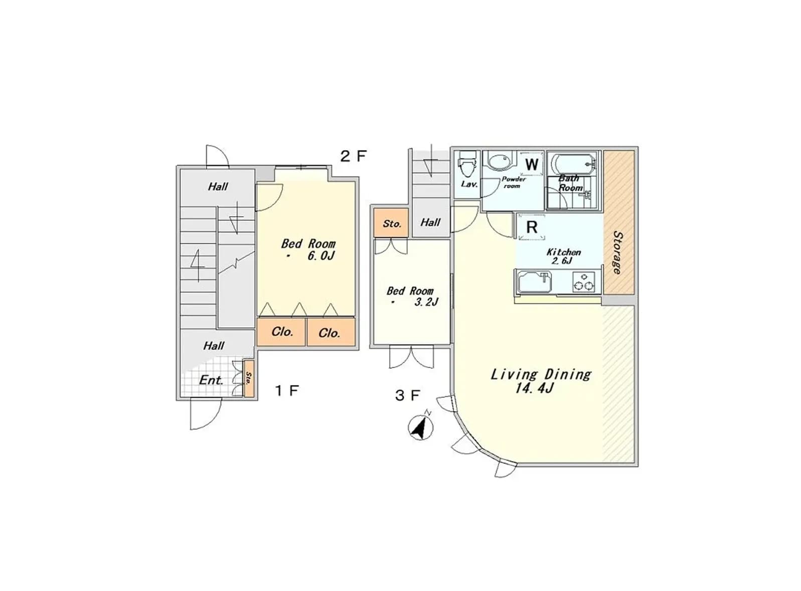 - 3階建ての住宅間取り図、1階にリビングダイニングとキッチン、2階に2つの寝室、3階にもう一つの寝室とストレージスペースを含むデザイン