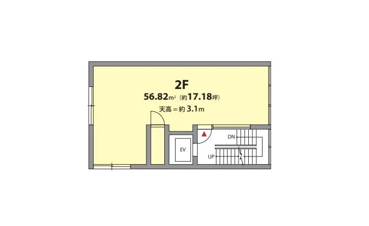 - 2階の間取り図、面積56.82㎡（約17.18坪）、天井高約3.1m、エレベーターと階段の配置を示す図面