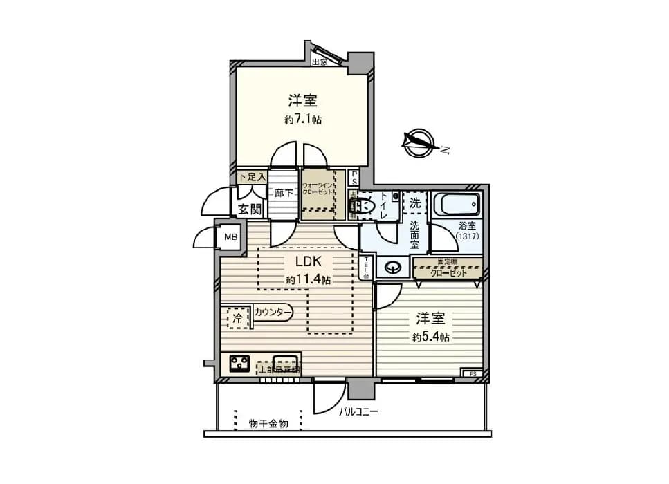- 3LDKの間取り図、リビングダイニングキッチン（LDK）約11.4畳、洋室約7.1畳と約5.4畳、トイレと洗面所の配置が示されたレイアウト
