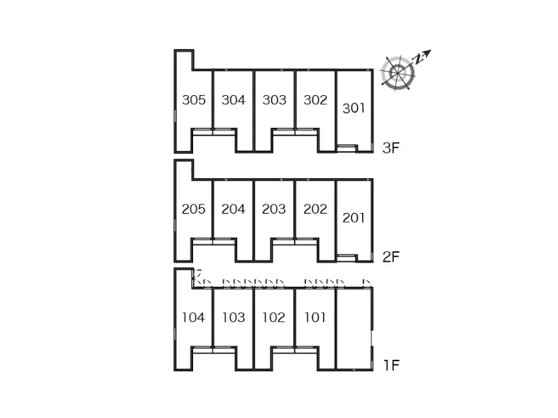 - 建物のフロアプラン、1階から3階までの部屋番号と廊下が示された図面、北の方角が示されたコンパス付き
