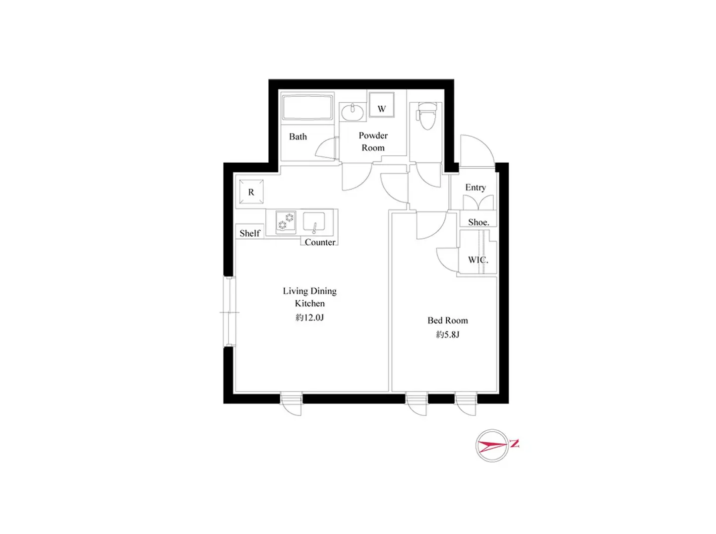 - 住宅の間取り図、リビングダイニングキッチン約12.0畳、寝室約5.8畳、バス、トイレ、エントリーの配置を示した詳細な設計図