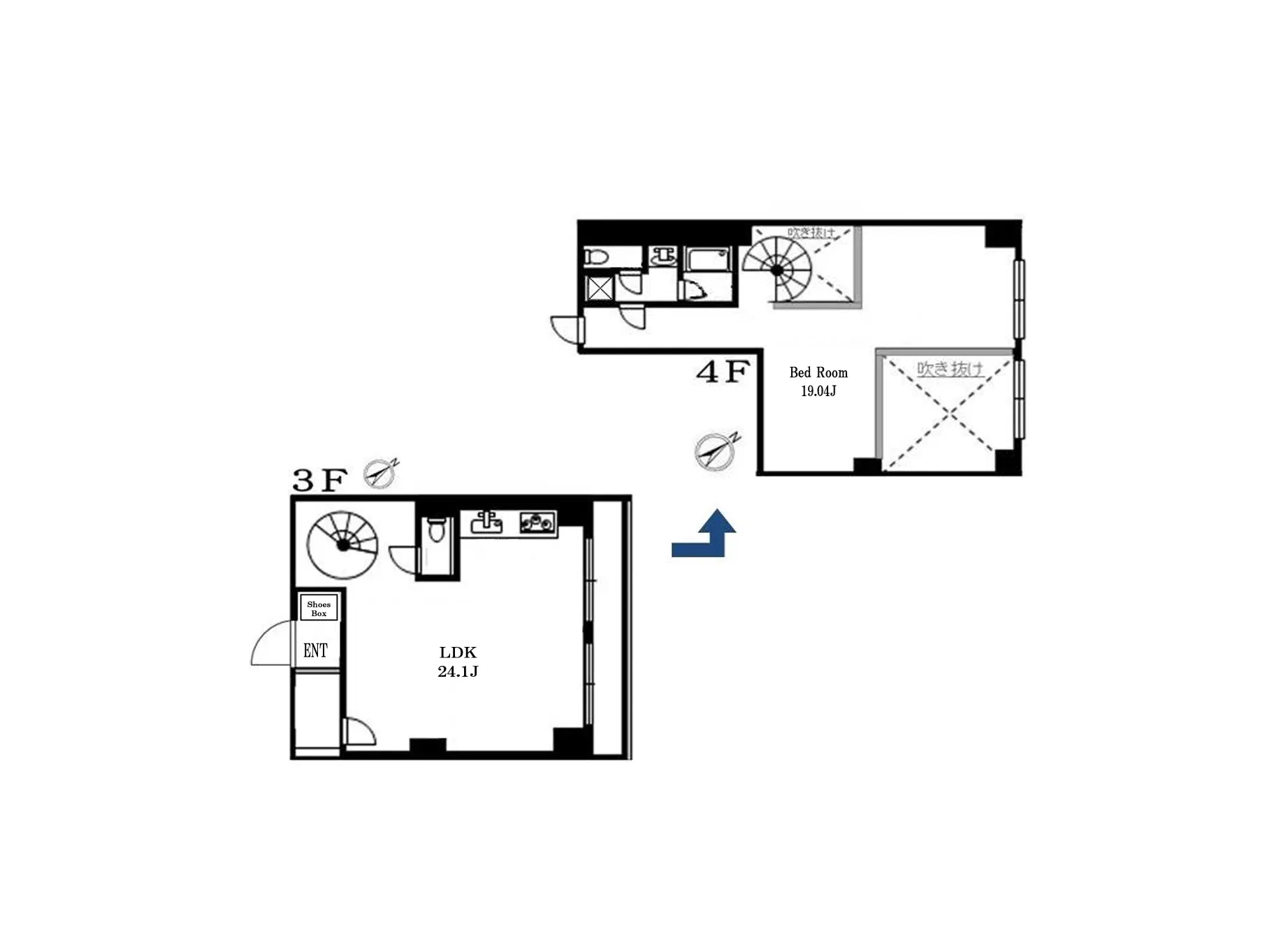 - 3階と4階の間取り図、LDK（24.1畳）と寝室（19.04畳）のレイアウトを示した図面