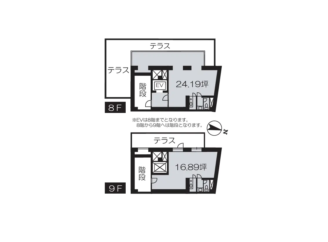 - 8階と9階の間取り図、各フロアのテラスとエレベーターの位置、広さが記載された不動産プラン