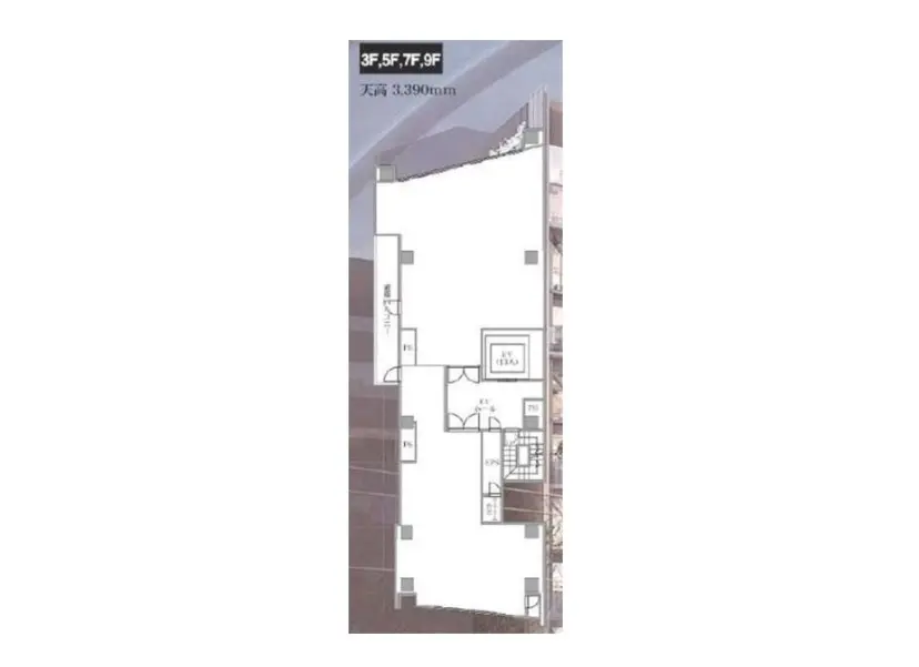 - 3階、5階、7階、9階のフロアプラン図、部屋の配置や設備を示した住宅設計のイラスト