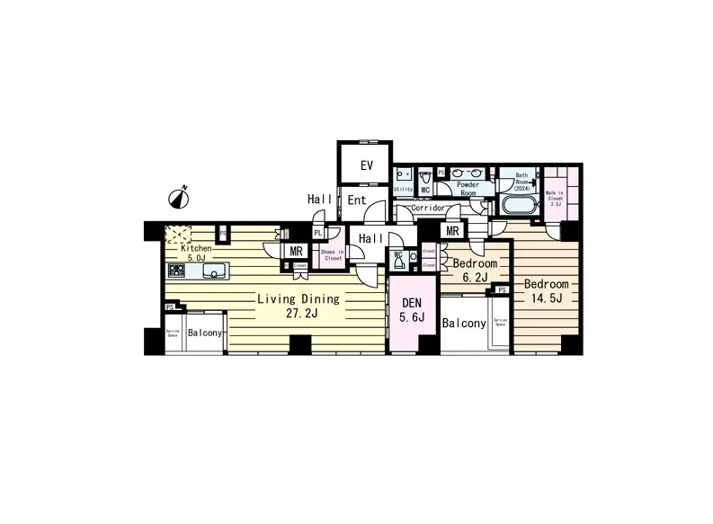 - 住居の間取り図、リビングダイニング27.2畳、キッチン5.0畳、寝室2部屋、DENとバルコニーを含む詳細なレイアウト