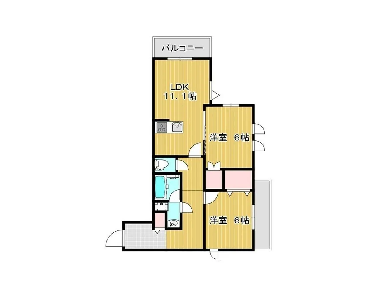 - LDK 11.1帖、3つの洋室それぞれ6帖の間取り図、バルコニー付きの住宅設計