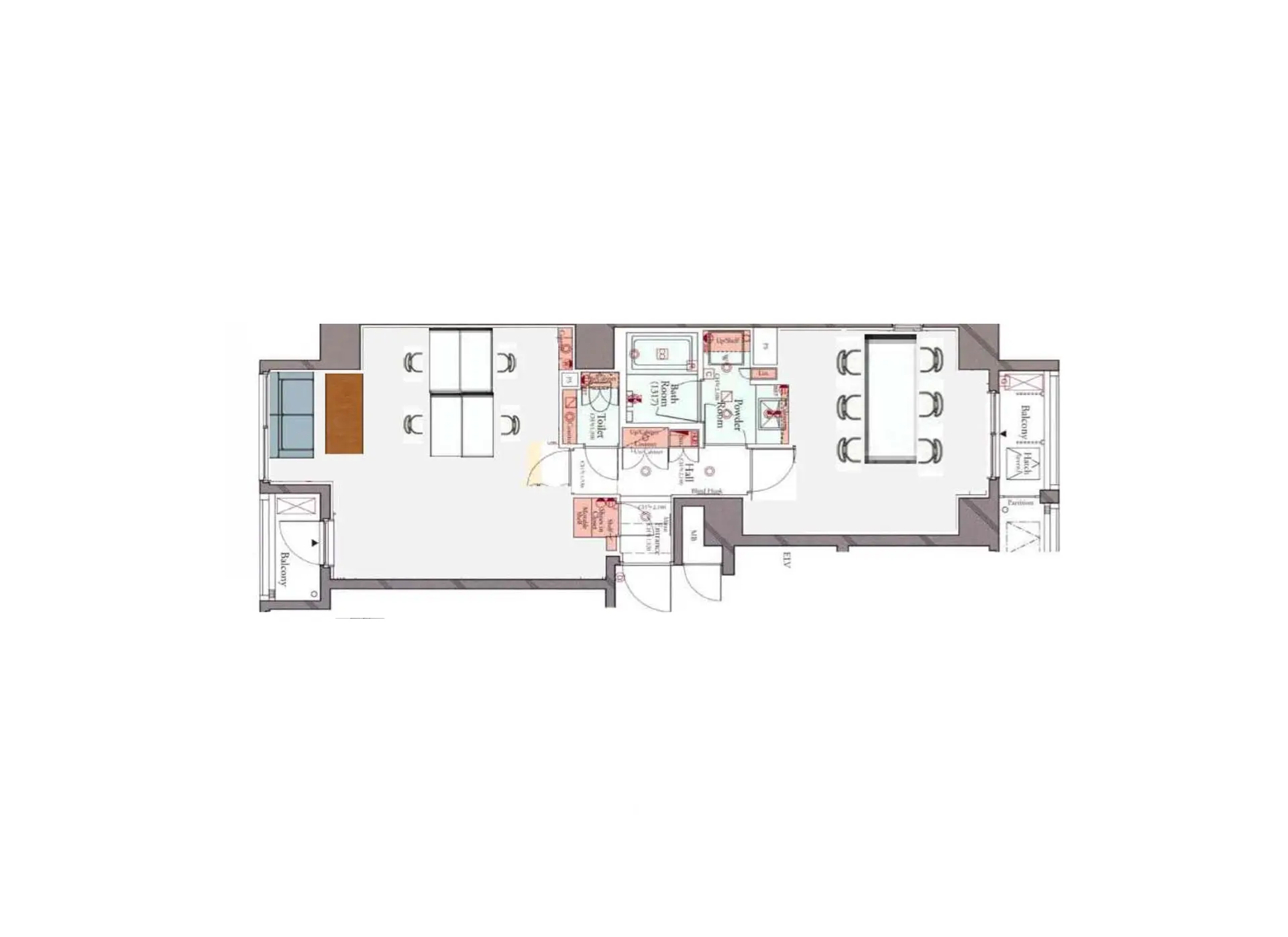 - モダンなアパートメントの間取り図、広々としたリビングルーム、ダイニングエリア、オープンキッチン、バルコニーが描かれたレイアウト。