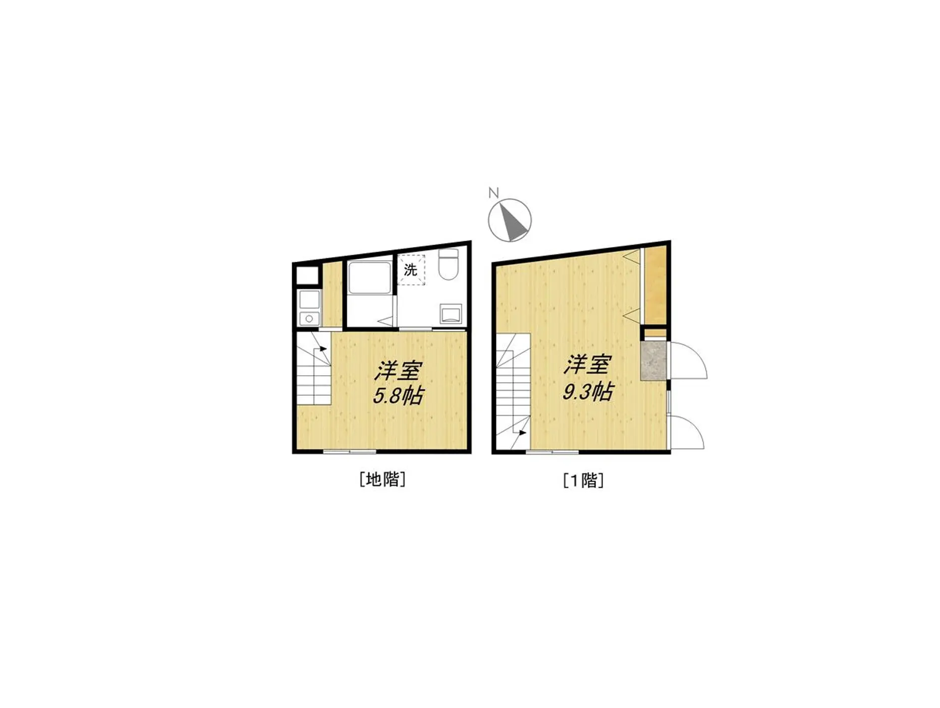 - 地階と1階にそれぞれ洋室が配置された間取り図、地階洋室は5.8帖、1階洋室は9.3帖の広さを持つ設計.