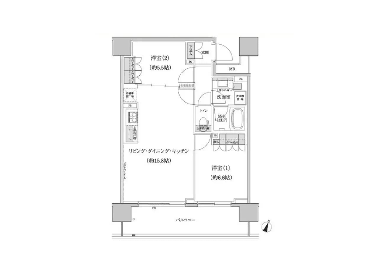 - 2つの洋室とリビング・ダイニング・キッチンを含む間取り図、各部屋の広さが表示されたシンプルなレイアウト