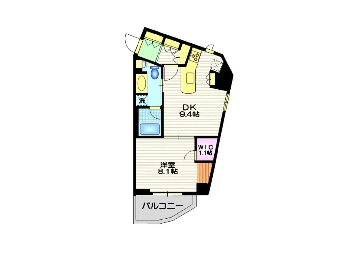 - 9.4帖のダイニングキッチン、8.1帖の洋室、1.1帖のウォークインクローゼットを備えた間取り図、バルコニー付き