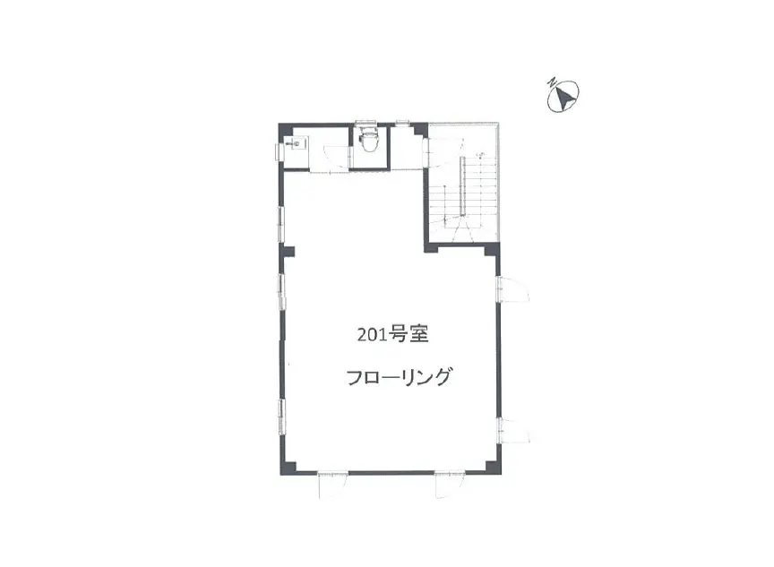 - 201号室の間取り図、フローリングのあるシンプルなレイアウト、トイレや階段の配置が明示された設計図