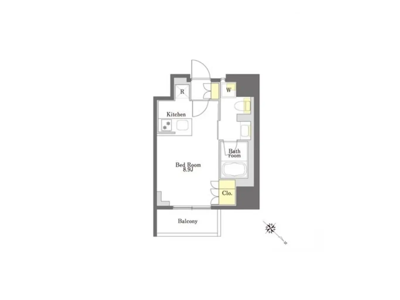 - キッチン、バスルーム、寝室、バルコニーを含む間取り図、8.9畳の寝室に配置されたクローゼットと洗面所のレイアウト