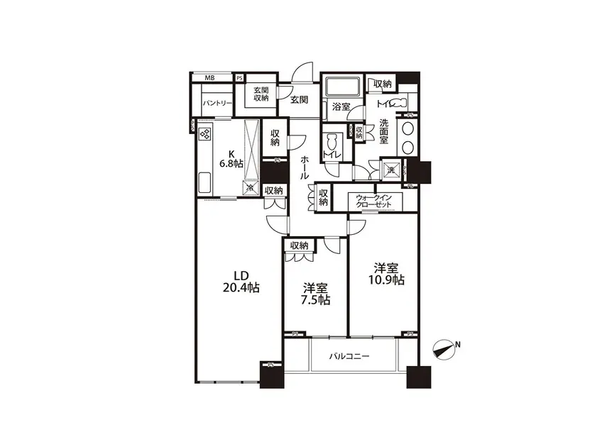 - 3LDKの間取り図、リビングダイニング20.4帖、洋室2部屋、収納スペース充実、バルコニー付き設計