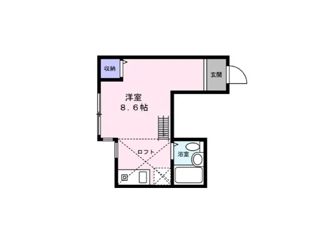 - 8.6帖の洋室とロフト、収納スペース、浴室を含む間取り図