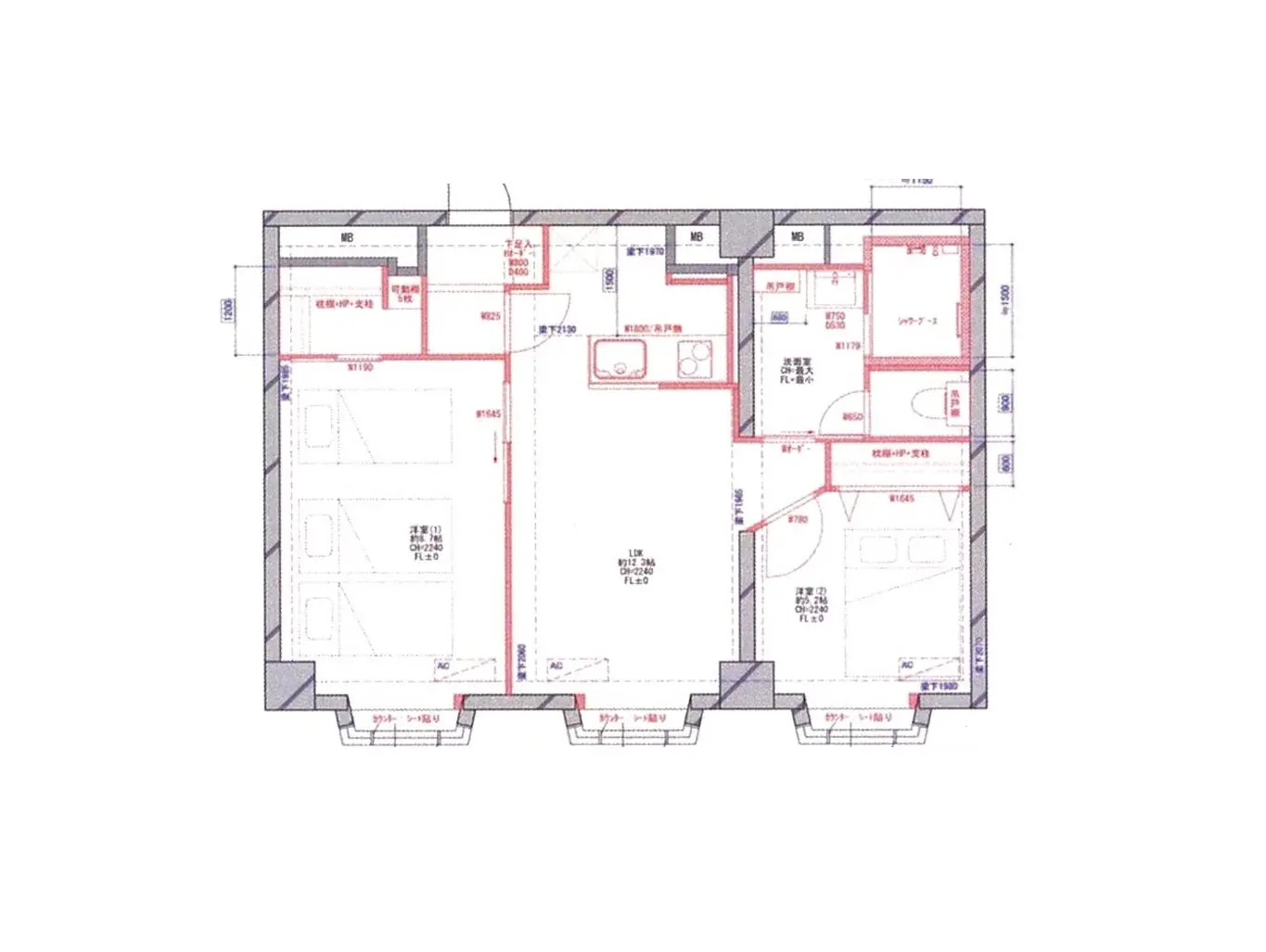 - 2LDKの間取り図、各部屋の寸法と配置が詳細に示されている住宅プラン