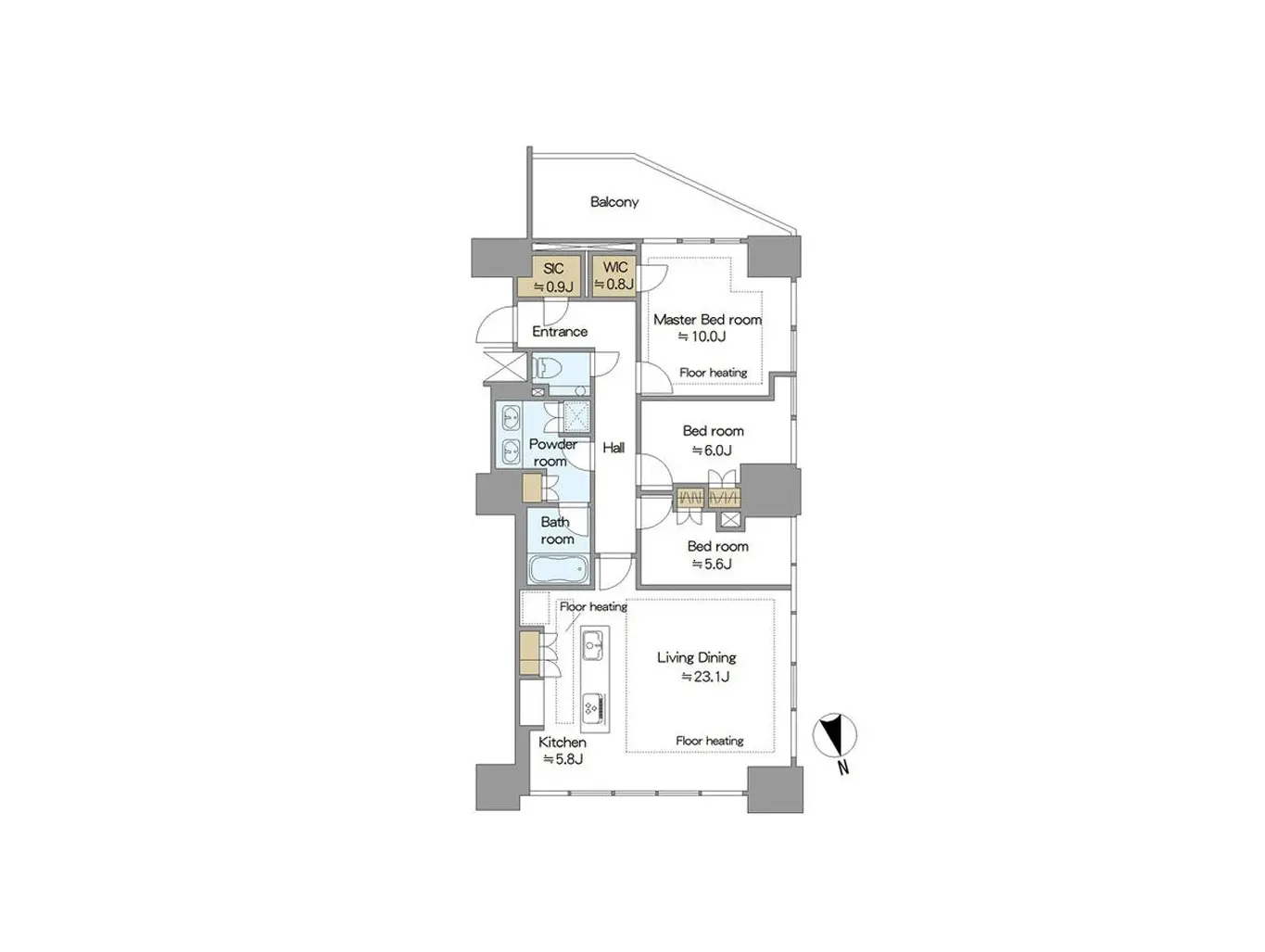 - 3LDKの間取り図、広いリビングダイニング、複数の寝室、バスルーム、キッチンなどの配置を示す設計図