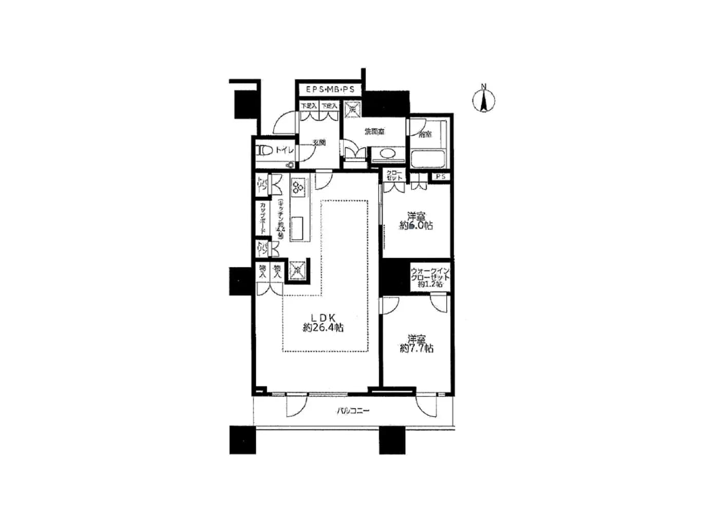 - モダンな間取り図、リビングダイニング約26.4帖と2つの寝室、バルコニー付きの構造
