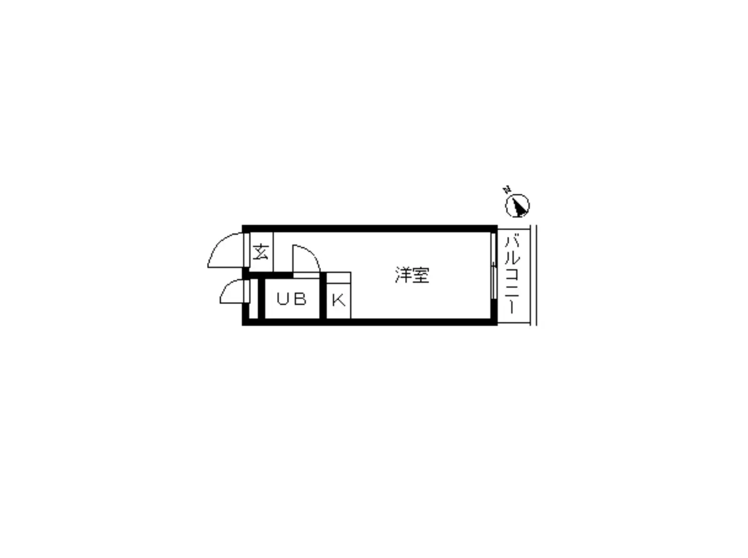 - 洋室、玄関、UB（ユニットバス）、K（キッチン）、バルコニーの配置を示した間取り図