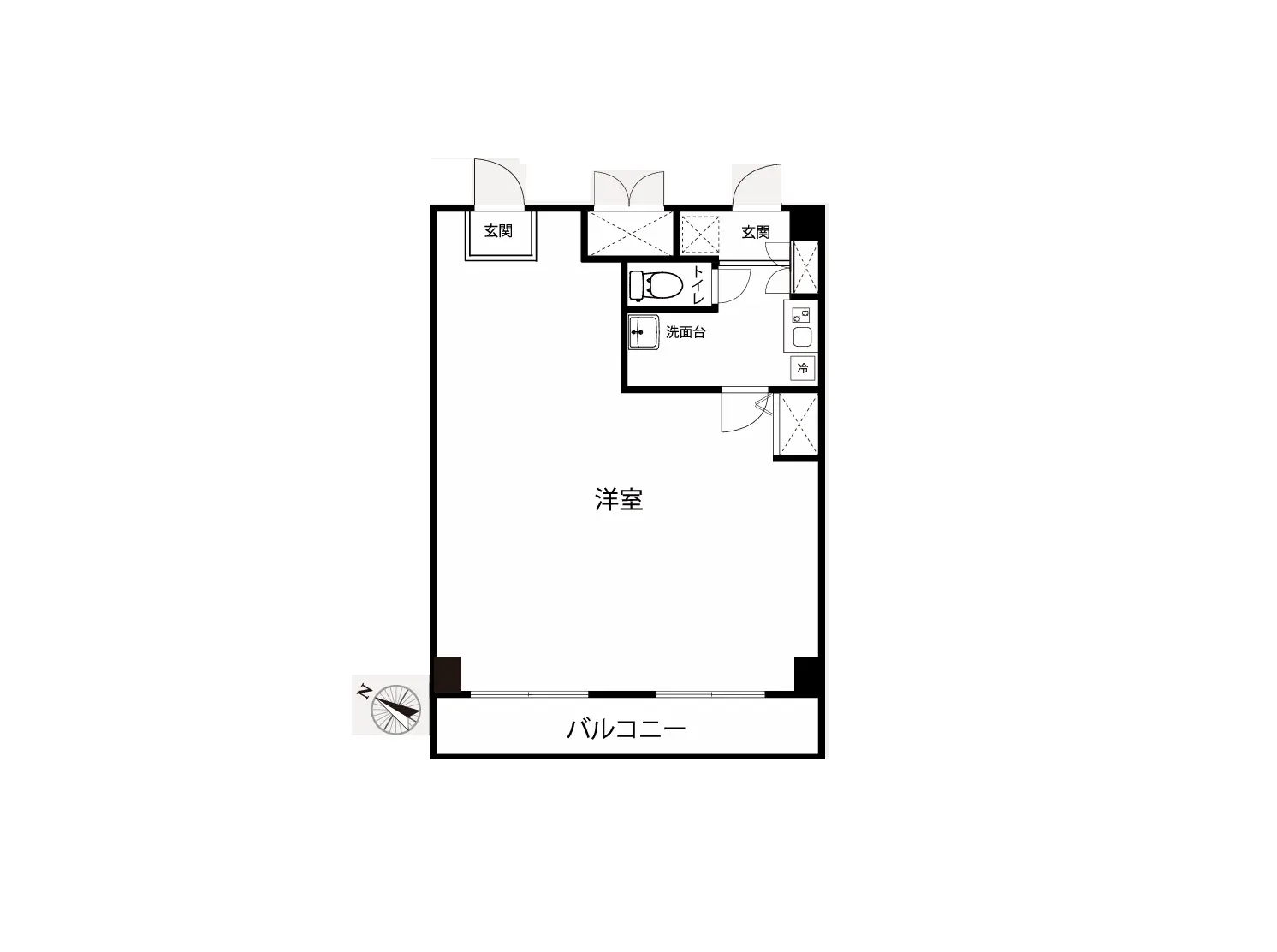 - 洋室とバルコニーの間取り図、玄関、トイレ、洗面台、冷蔵庫の配置を示すインテリアプラン