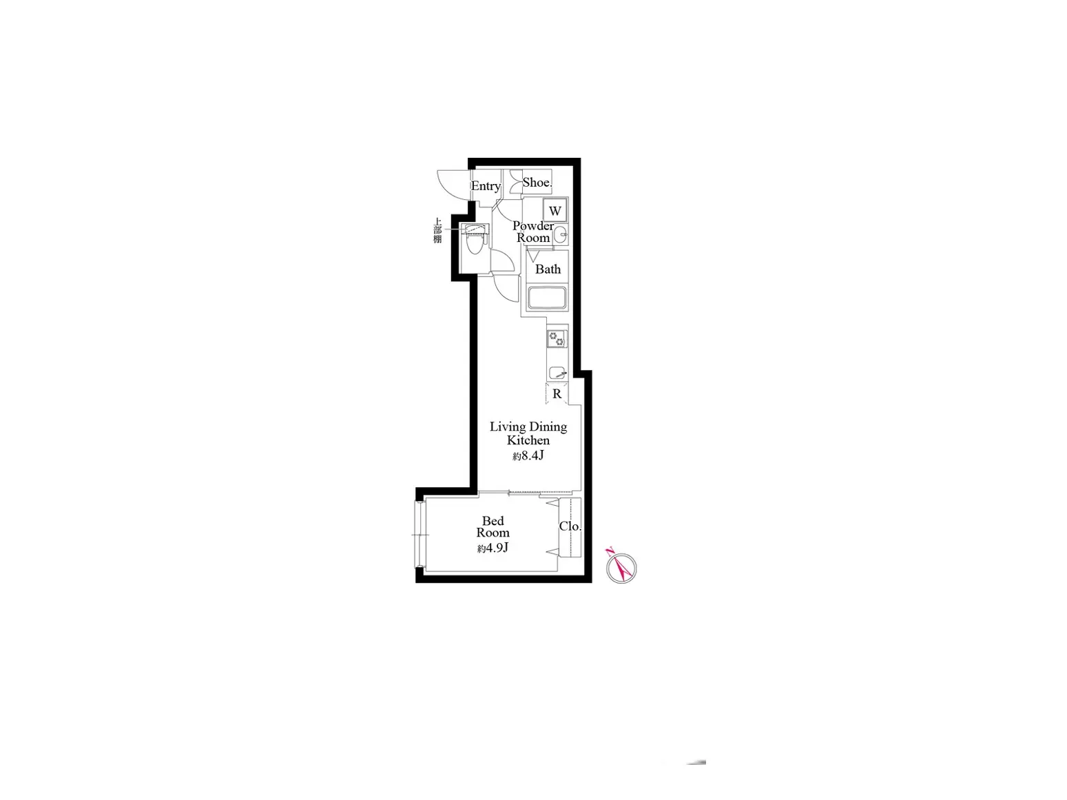 - 住宅の間取り図、エントランス、リビングダイニングキッチン、寝室、バスルームを含む設計図