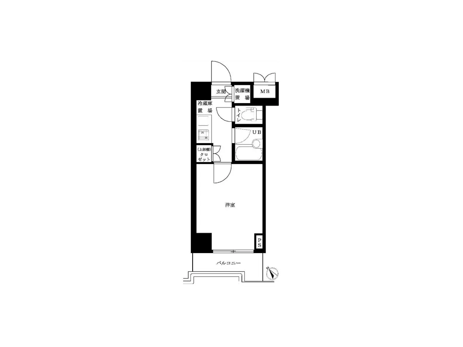 - モダンな1Kマンションの間取り図、玄関、洋室、キッチン、浴室、トイレの配置が示されている。