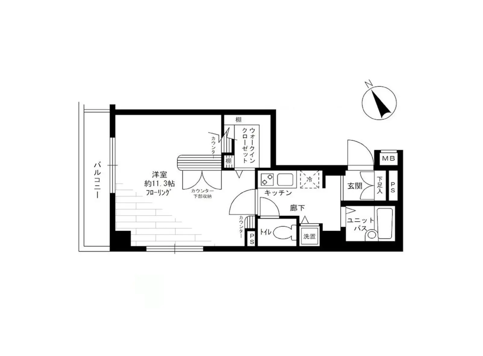 - 室内の間取り図、洋室約11.3帖、ウォークインクローゼット、キッチン、ユニットバス、トイレの配置が示されたフロアプラン