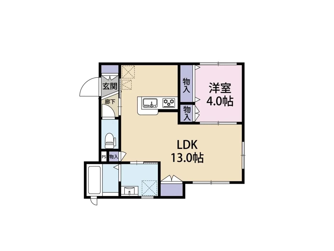 - LDK（13.0帖）、洋室（4.0帖）、玄関、物入れを含む間取り図、トイレと洗面所が隣接した配置