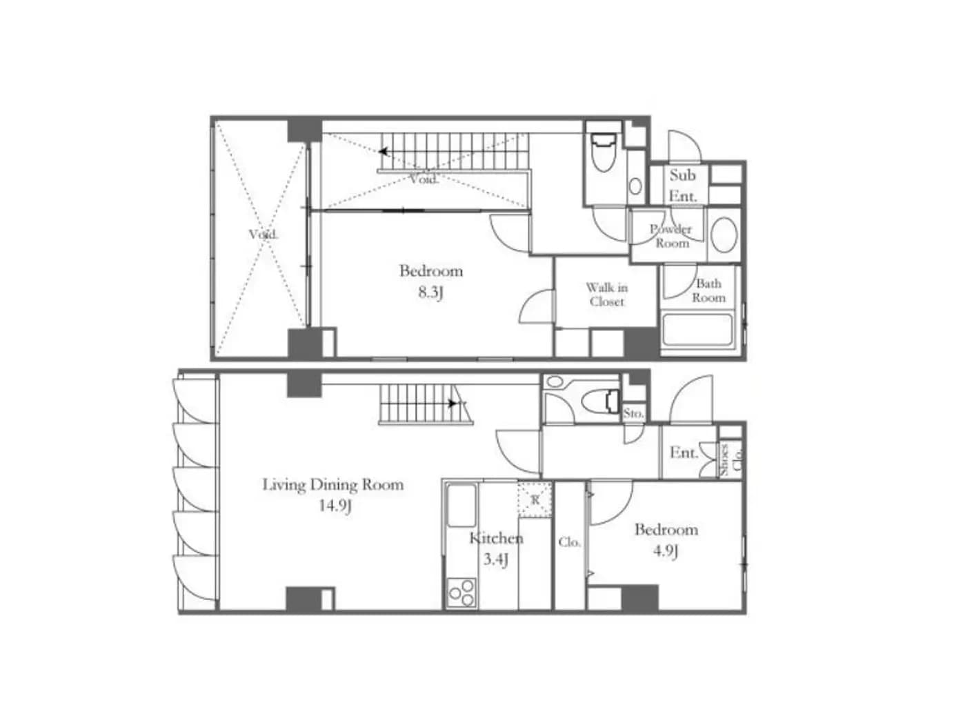 - 2階建て住宅の間取り図、上下に配置されたリビングダイニングルーム、キッチンと2つの寝室、バスルーム、ウォークインクローゼットと収納スペースの詳細配置