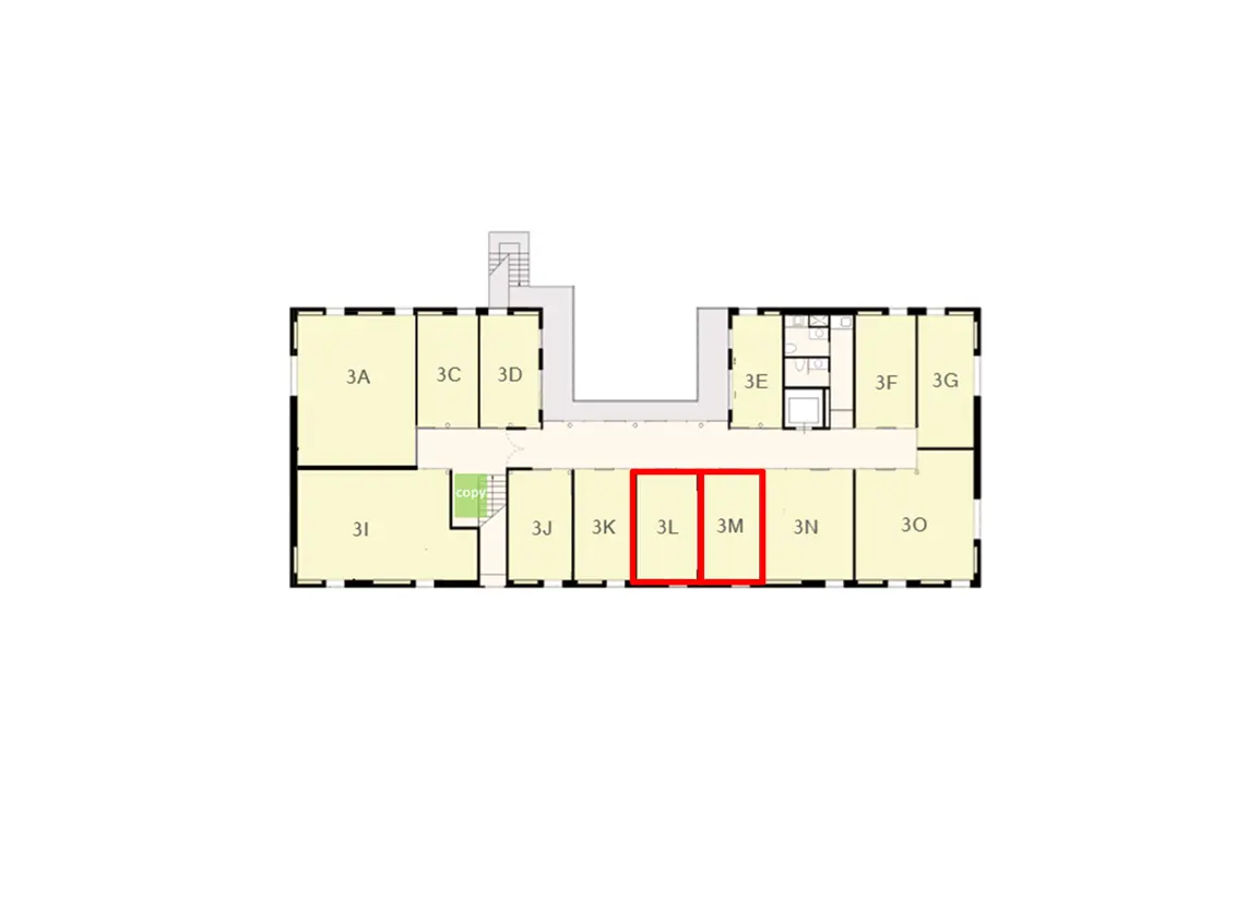 - 部屋番号3Lと3Mを赤で示した建物のフロアプラン、周囲に他の部屋が配置されている配置図