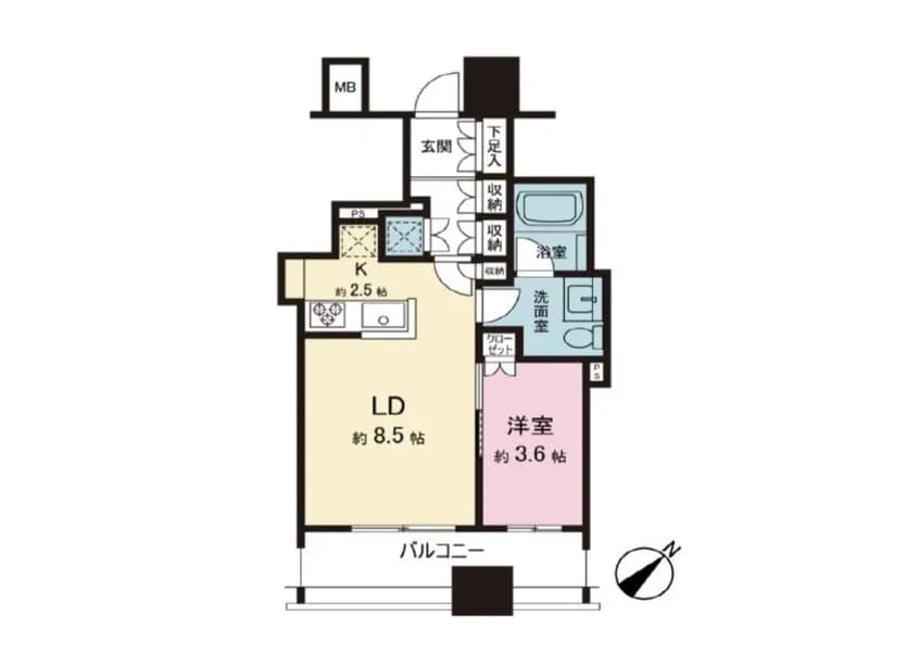 - 1LDKの間取り図、約8.5帖のリビングダイニング、約3.6帖の洋室、キッチン、浴室、洗面所を含む間取りのレイアウト