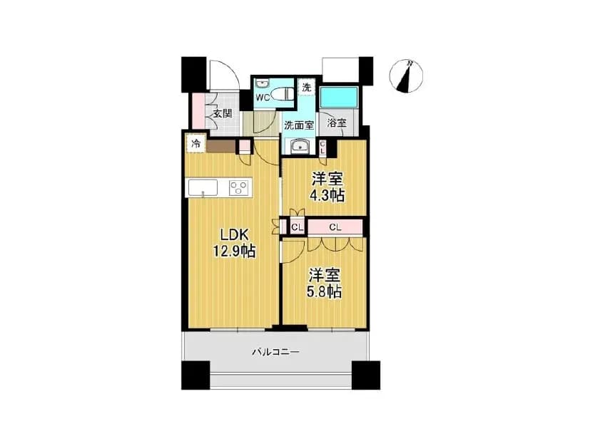 - 2LDKの間取り図、リビングダイニング12.9帖、洋室4.3帖と5.8帖、洗面室や浴室、バルコニーの配置が示されたレイアウト