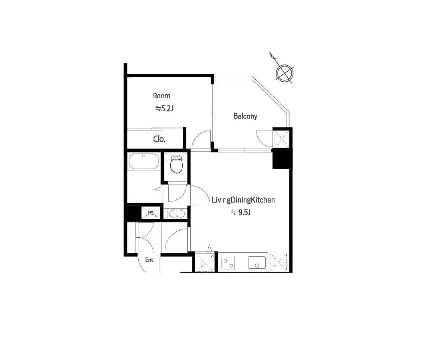 - 1LDKの間取り図、リビングダイニングキッチン約9.5帖、バルコニー、個室約5.2帖と収納スペースを含む設計図