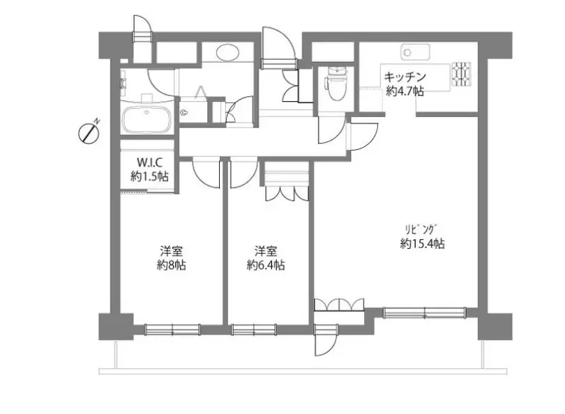 - 間取り図、リビング約15.4畳、洋室約8畳と約6.4畳、キッチン約4.7畳、W.I.C約1.5畳の配置が示された平面図