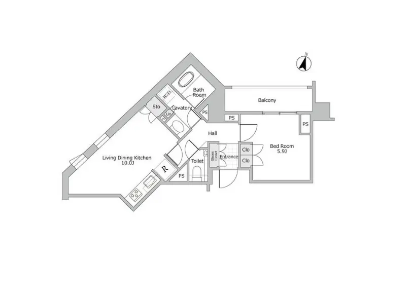 - モダンな間取り図、リビングダイニングキッチン、バスルーム、トイレ、寝室、バルコニーを含む住宅設計図