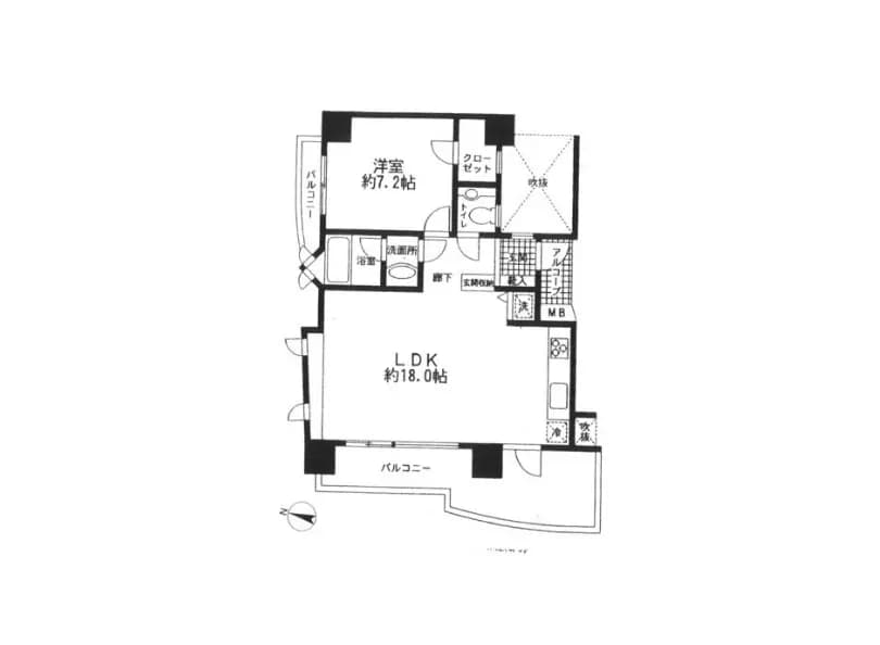 - 18帖のLDKと7.2帖の洋室を含む間取り図、クローゼット、バルコニー、洗面所とトイレの配置が示されている