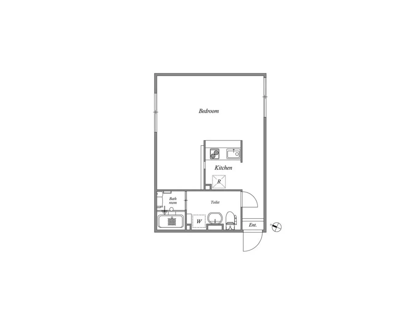 - 寝室、キッチン、バスルーム、トイレを含む間取り図、コンパクトで機能的なレイアウト