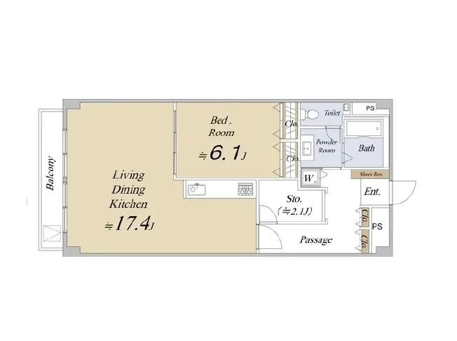 - リビングダイニングキッチン、寝室、バスルーム、トイレを含む間取りの図面、バルコニーと収納スペースの配置が示されている