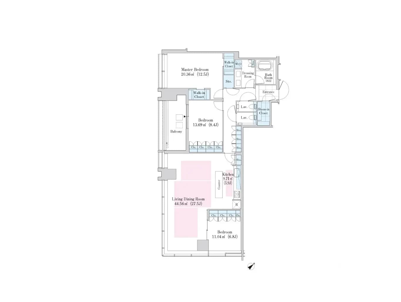 - 4LDKのマンション間取り図、広々としたリビングダイニングルーム、各部屋のサイズと配置を示す詳細な設計図