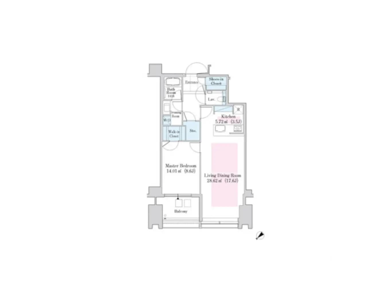 - モダンなマンションの間取り図、マスターベッドルーム、リビングダイニングルーム、キッチン、バルコニーを含むデザイン