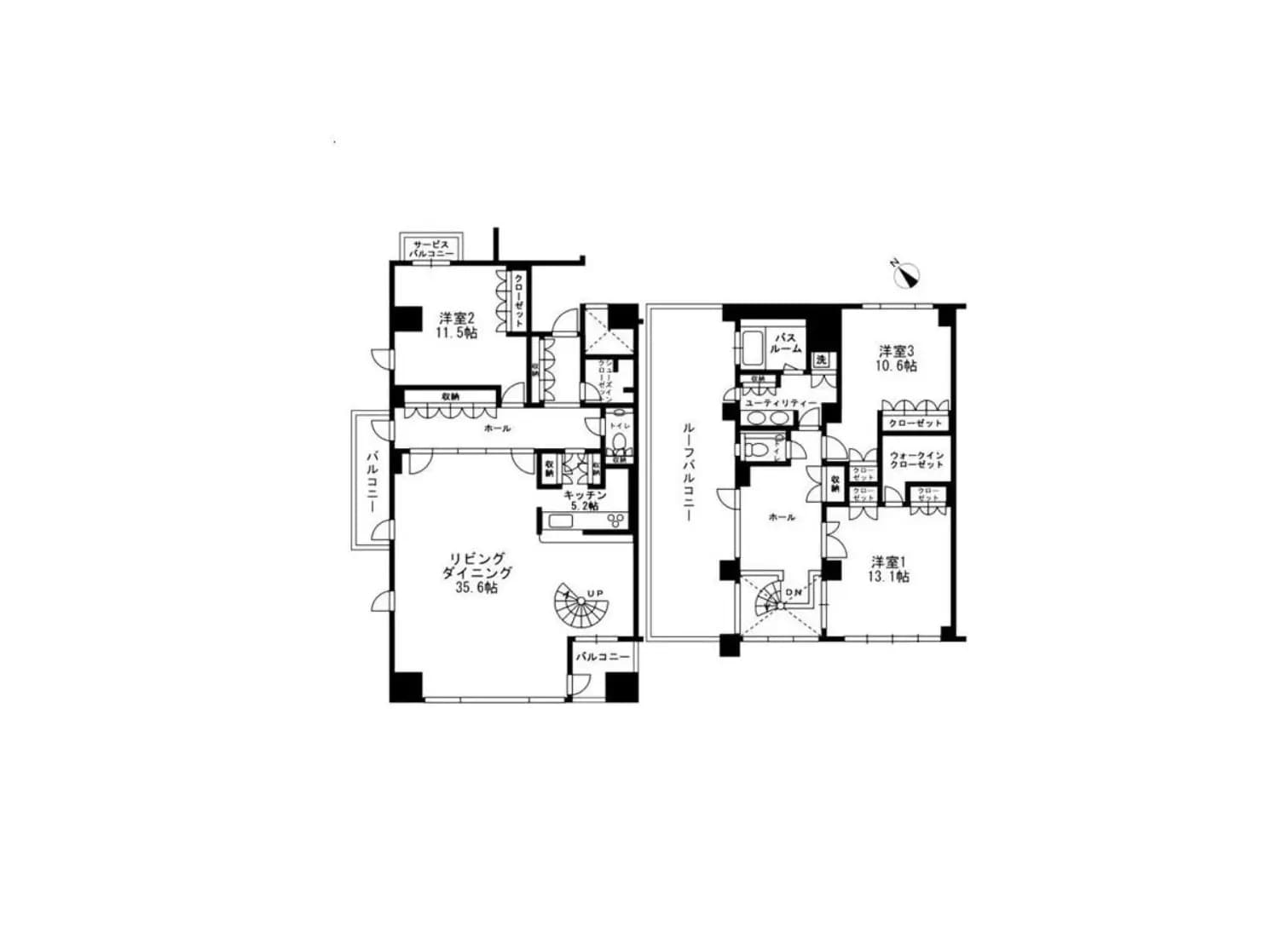 - モダンな住宅の間取り図、リビングダイニング、キッチン、バルコニー、複数の洋室とバスルームを含む設計