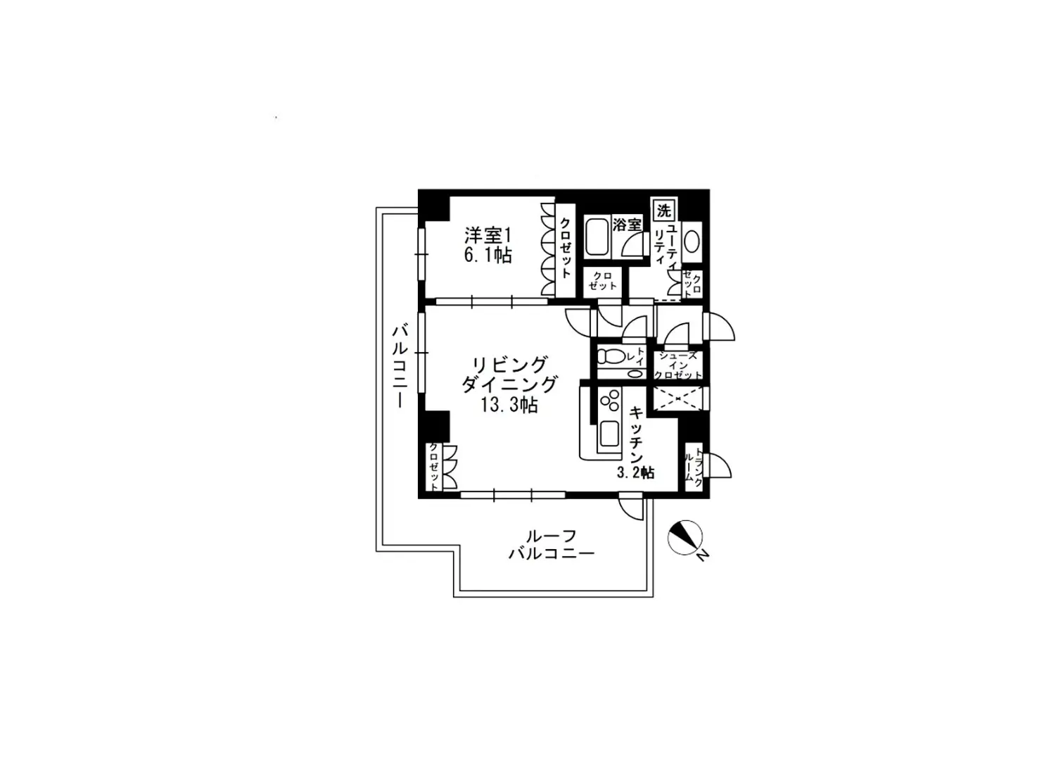 - 2LDKの間取り図、リビングダイニング13.3帖、洋室1、キッチン、バルコニーを含む設計
