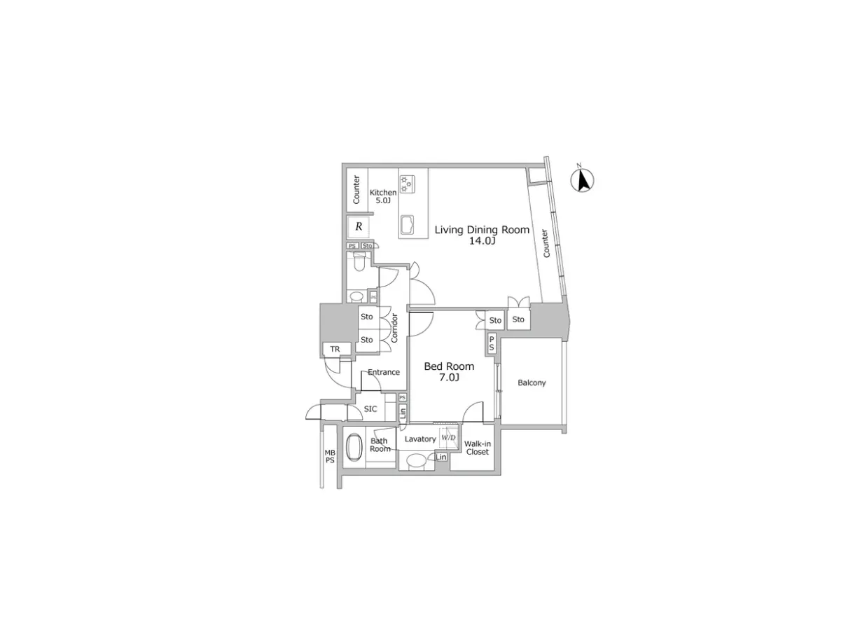- 2LDKの間取り図、リビングダイニングルームと寝室、キッチン、バスルーム、ロビー、バルコニーを含む設計の詳細。