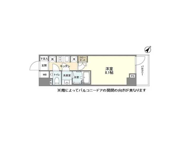- 1LDKの間取り図、洋室8.1帖とキッチン、洗面室、バルコニーの配置を示すインテリアプラン