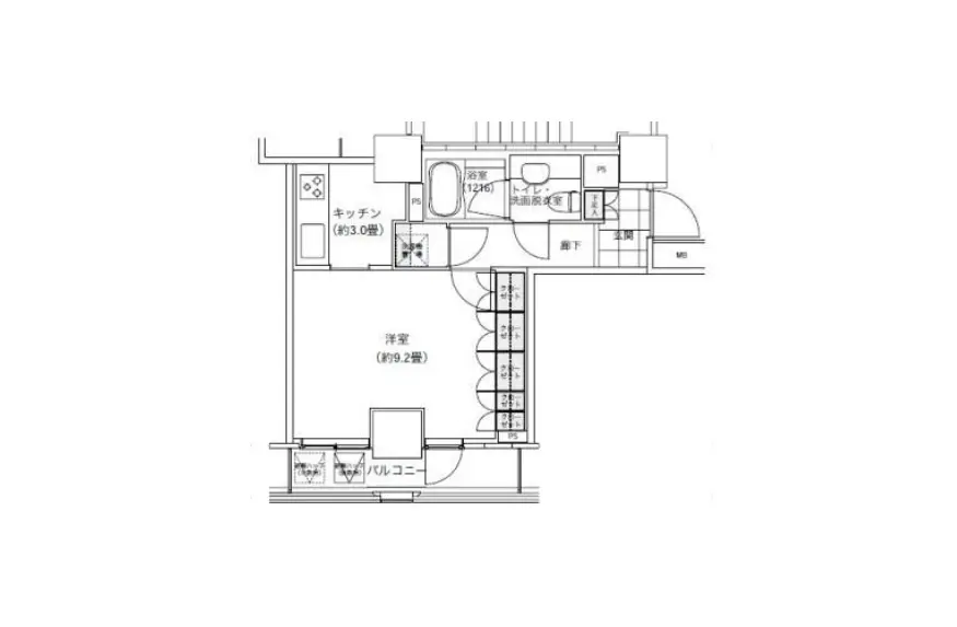 - 住宅の間取り図、約9.2畳の洋室、キッチン、バルコニー、お風呂及び洗面所が配置されたレイアウト