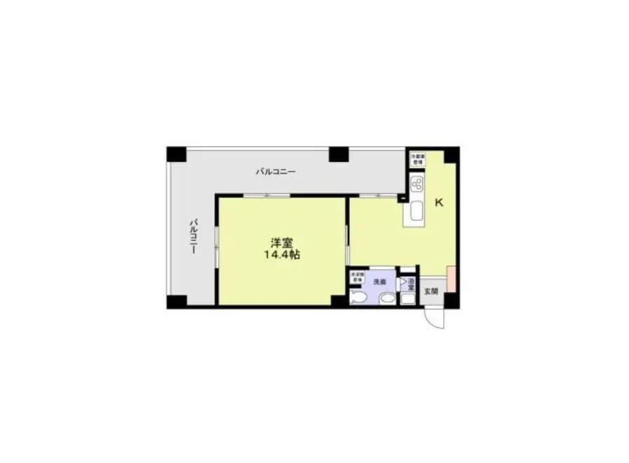 - 14.4帖の洋室とキッチン、洗面所、バルコニーを含む間取り図