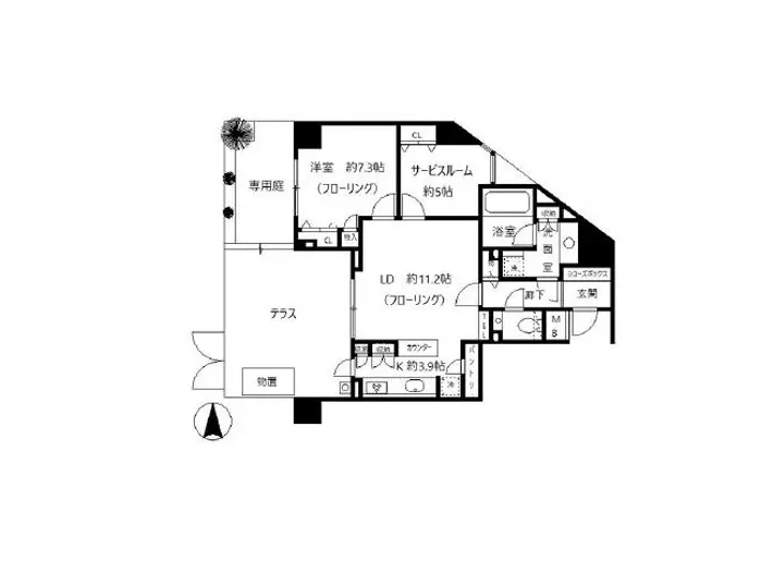 - 3LDKの間取り図、リビングダイニング約11.2帖、洋室約7.3帖、サービスルーム約5帖を含む設計図